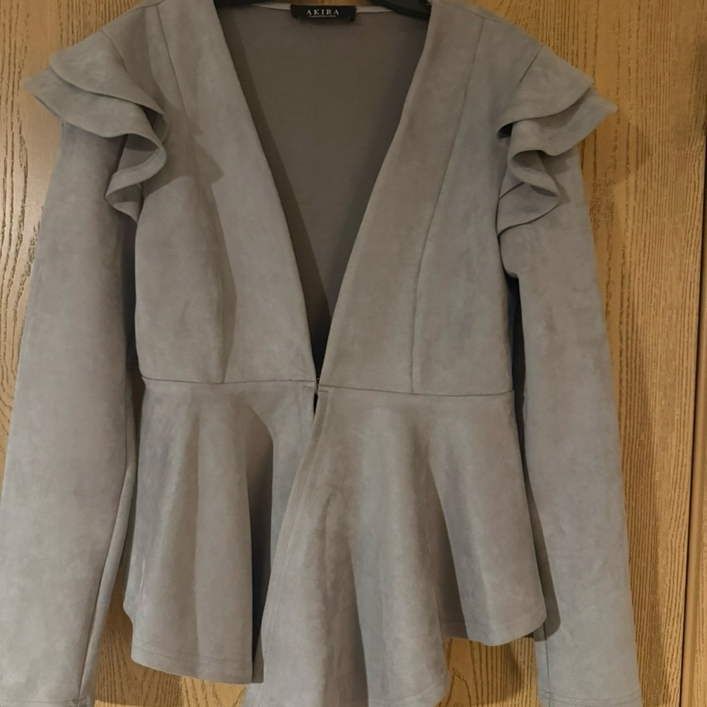 AKIRA Light Gray Ruffle Sleeve Blazer